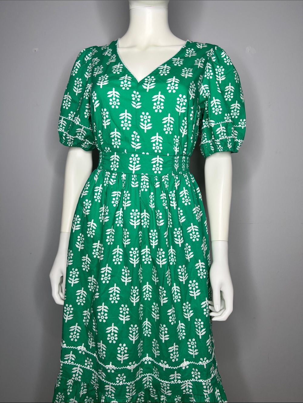J. Crew Factory Block- Print Puff Sleeves Green Dress - Picture 5 of 12